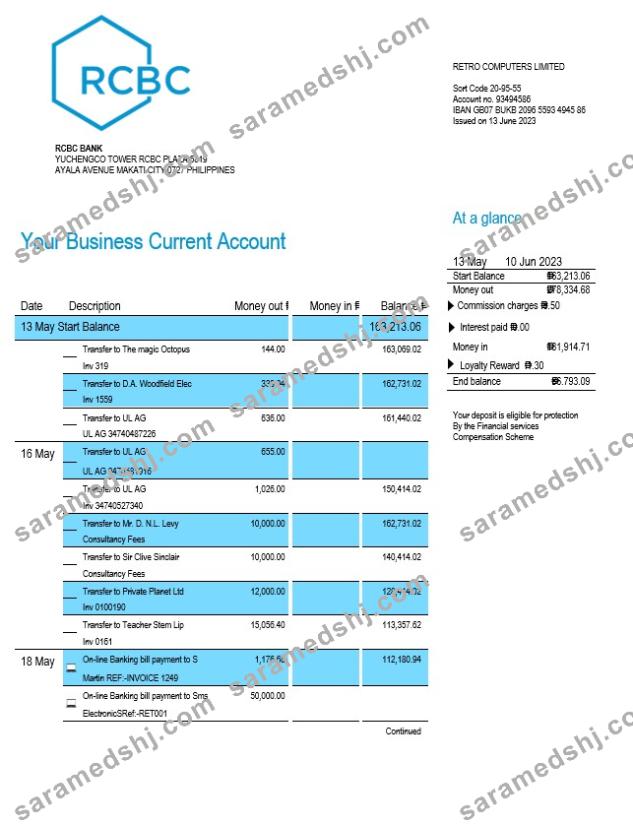 RCBC Bank organization account statement Word and PDF template